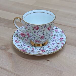 Floral Teacup and Saucer with Gold Trim